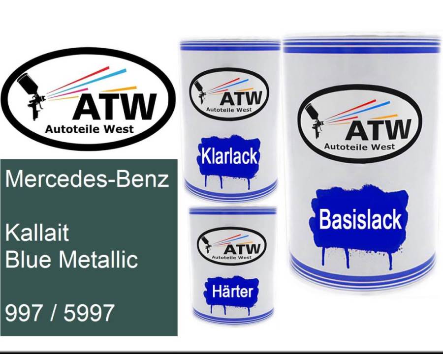 Mercedes-Benz, Kallait Blue Metallic, 997 / 5997: 500ml Lackdose + 500ml Klarlack + 250ml Härter - Set, von ATW Autoteile West.